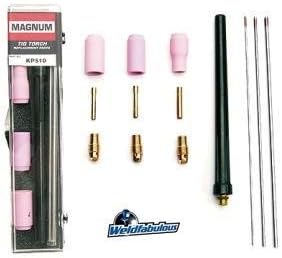 Close-up of Lincoln Electric KP510 TIG torch consumables including alumina nozzles, collets, and collet bodies