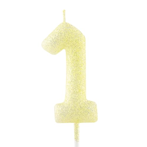 1st Birthday Candle Gold Yellow Glitter Number 1 Candles Luminous Cake Topper Decorations Happy Birthday Candle for Girls Boy Women Anniversary Celebrations Party Supplies
