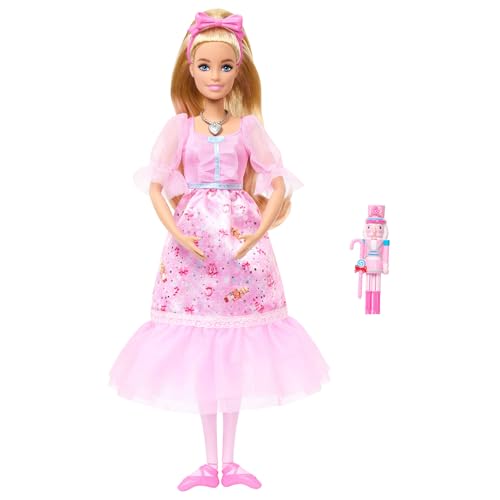 Barbie Muñeca Bailarina Clara Cascanueces con Vestido Rosa Satinado, Mangas abullonadas, Tobillos articulados y Cascanueces de Juguete, JLW51
