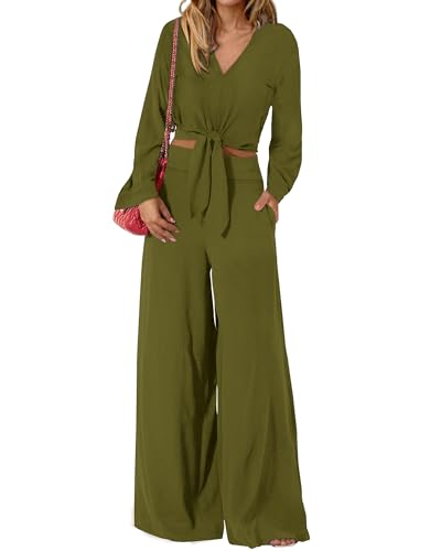 PRETTYGARDEN Women's 2 Piece Outfits 2025 Fall Fashion V Neck Long Sleeve Strappy Crop Top Wide Leg Pant Lounge Sets