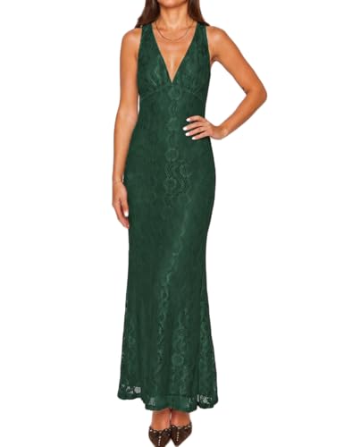Image of Elegant Lace Floral V Neck Backless Bodycon Dresses for Women Sexy Cut Out Low Back Sleeveless Maxi Dress Wedding Guest