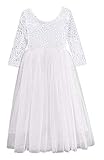 2Bunnies Girl Lace Back A-Line Tutu Tulle Princess Flower Girl (White 3/4 Sleeve Maxi, 7/8)
