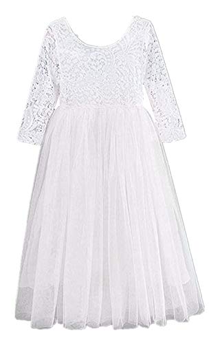 2Bunnies Girl Lace Back A-Line Tutu Tulle Princess Flower Girl (White 3/4 Sleeve Maxi, 7/8)