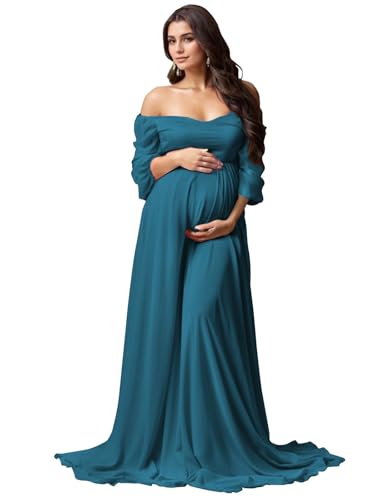 Aootumi Maternity Gown for Photoshoot Peacock Chiffon Long Bridal Robe