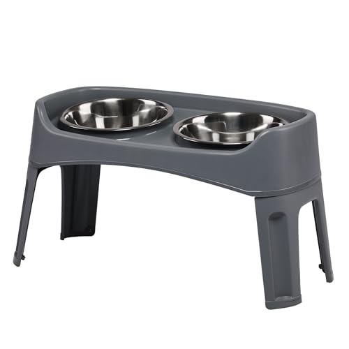 Iris Ohyama, Ciotole per cani doppie rialzate con supporto staccabile, per cani con mobilità limitata, ciotole grandi rimovibili, bordo alto, per cani - Dog Feeder PEF-L, Grigio