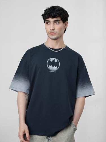 Image of The Souled Store Batman: to The Rescue Men and Boys Short Sleeves Round Neck Grey Graphic Printed Cotton Oversized T-Shirts