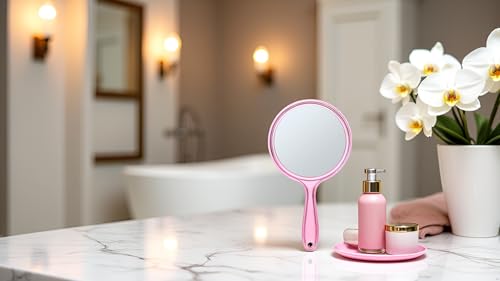 Image of Handheld Makeup Mirror with Magnification, for Desk Make Up, Magnifying Hand Held Mirror (TRANSPRENT Pink Mirror)