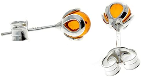Baltic Cognac Amber Sterling Silver Small Stud Ball Art Deco Earrings