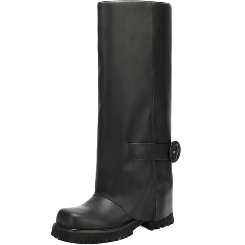 Women's Knee High Riding Boots Square Toe Chunky Low Heel Motorcycle Boots Slouchy Fold Over Moto Biker Boots for Women