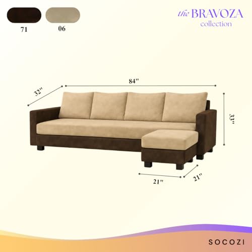 Image of SOCOZI Braven 5 Seater L Shape Sofa Set with Movable Ottoman | Flexible Layout | Soft Velvet Suede Fabric | Modern Design | Plush Comfort Cushions for Living Room (Dark Brown-Beige)