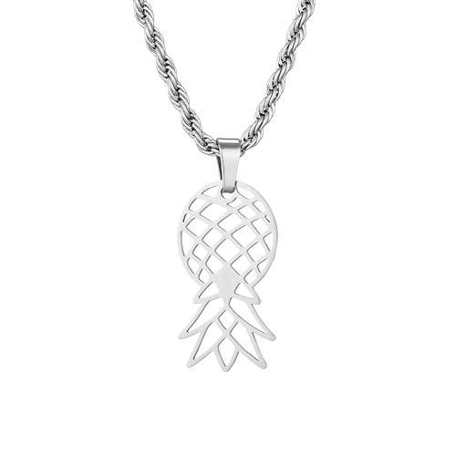 Upside Down Pineapple Necklace, Costume Stainless Steel Jewelry Upside Down Pineapple Pendant With Rope Chain (Silver)