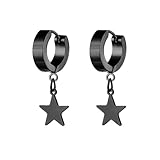 Minimalist Star Dangle Drop Small Hoop Earrings for Men Women Stainless Steel Charms Huggie Piercing Hoops Hypoallergenic Fashion Jewelry Gift (Black)