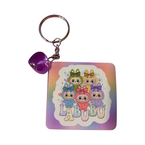 Cute Labibu Keychain with Rainbow Background and Heart Charm, Kawaii Character Design