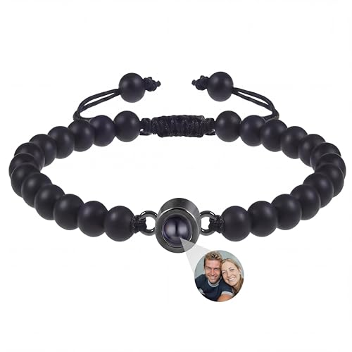 SEIZOO Custom Bracelets with Picture Inside - Custom Photo Bracelet Personalized Picture Natural Stone beaded Bracelet Photo Projection Customizable for mens or women Gift for Couple, normal