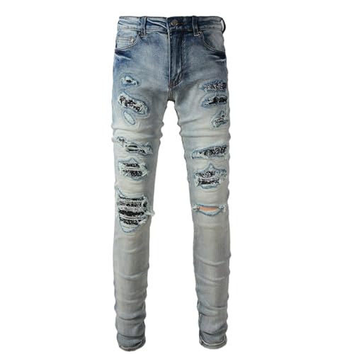 Jeans Pants Trousers Denim Men Perforated Elastic Slim Fit Worn Hole with Zircon Sequins Street Trendy Blue Sanding Fading Fringed Casual Small Leg(Light Blue,29)