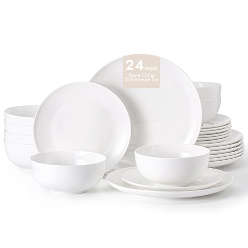 KINGSTONE Bone China Dinnerware Sets, 24-Piece Dinnerware Set for 8, Lightweight Durable, Dishwasher Safe, Tableware for Daily Use with Elegant Design, White
