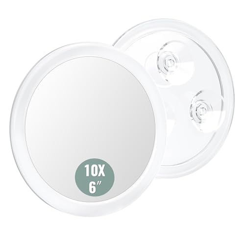 Auxmir 10X Espejo de Maquillaje 15cm con 3 Ventosa, Espejo de Aumento para Pared Baño, Espejo Portátil Redondo para Viaje, Blanco