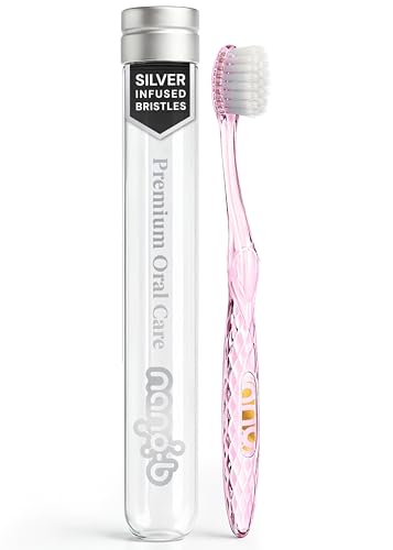 Nano-b Manual Toothbrush for Adults with Sensitive Gums Silver Soft/Medium Bristles Travel Case Pink