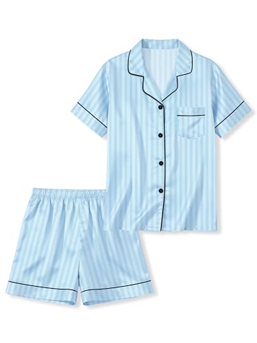 LANKMEI Girls & Boys Satin 2Pcs Short Sleeve Pajamas Set | Luxury Silky Breathable & Soft Button Top & Shorts Set Elastic Waist Ideal for sleepovers summertravel & daily comfort product thumbnail 19