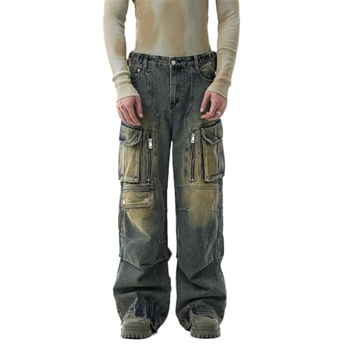 Men's High Street Jeans Retro Multi-Pocket Workwear Loose Wide-Leg Pants