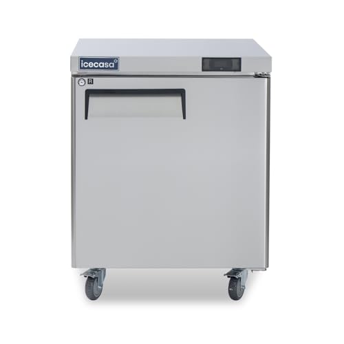 Image of ICECASA 27" W Commercial Refrigerator Worktop Undercounter Refrigerator Single Door Stainless Steel Counter Fan Cooling Refrigerator 7 Cu.ft for Restaurant, Bar, Shop, etc