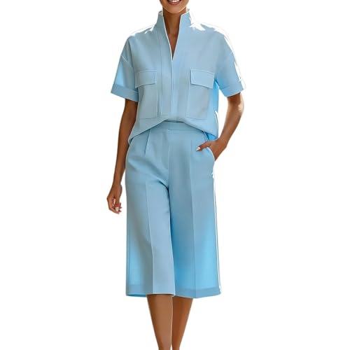 Traje de negocios monocolor de dos piezas con blusa de cuello en V y botones