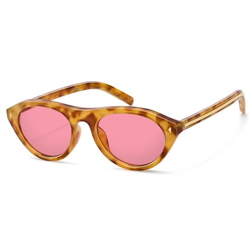 COASION Retro Oval Cat Eye Sunglasses - Trendy Narrow Small Frame Shades for Women (Yellow Tortoise/Light Pink Tint)