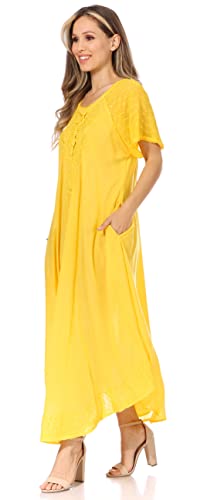 Image of Sakkas Egan Long Embroidered Caftan Dress /Cover Up with Embroidered Cap Sleeves