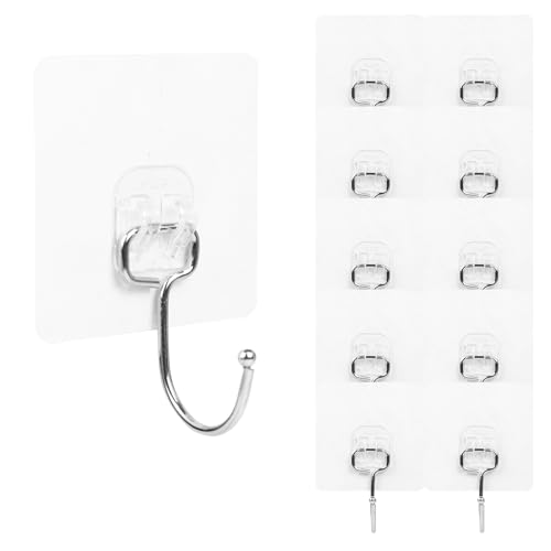Large Hooks for Hanging Heavy-Duty 44Ib(Max) 10 Packs, Wall Hangers Without Nails Self-Adhesive Traceless Clear and Removable, Waterproof and Rustproof Multiple Uses for Bathroom Kitchen Home