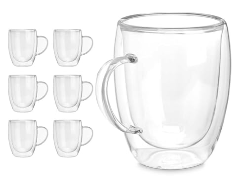 Juego de 6 tazas de Doble Pared de Borosilicato | Tazas térmicas para Bebidas Calientes y Frías | Tazas de Té, Café, Capuccino | Set completo de 6 vasos - Cristal Termico y Ligero (Tea - 343 ml)