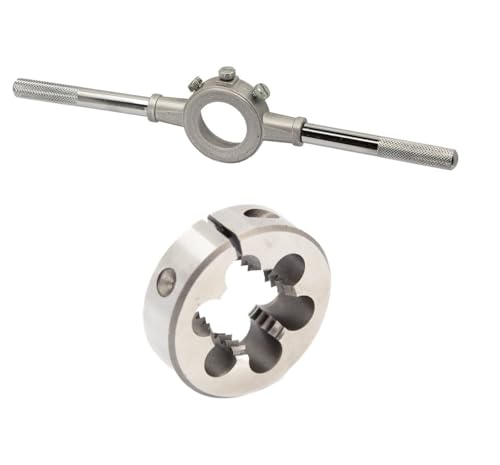 Drill America #0-80 UNF X 13/16" OD HSS Round Adjustable Die with Matching Die Handle (Wrench), Die Stock