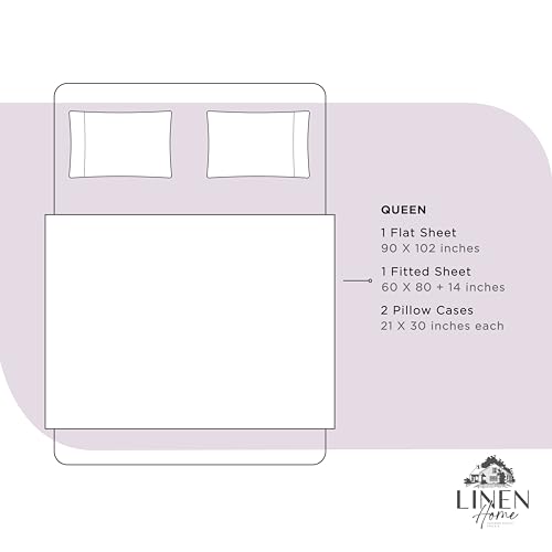 Image of Linen Home 100% Cotton Percale Sheets Queen, 16 inch Deep Pocket - 4Pc Set, Crisp Cool Breathable Bed Linen, Made in Green, Iris Lilac