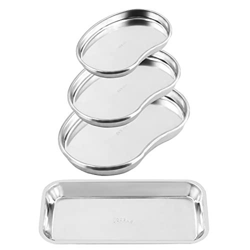 Glarks 4 Pack 8.5" 7.9" 7.1" 304 Stainless Steel Kidney Tray Reusable Metal Kidney Dish Emesis Basin and 8.6" Flat Rectangle Medical Surgical Tray Kit for Soiled Dressings, Medical Waste