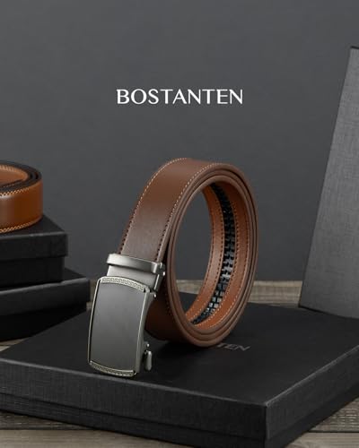 Image of BOSTANTEN Ratchet Belts for Men Leather Trim to Fit 1 3 /8 inch Gift Boxed