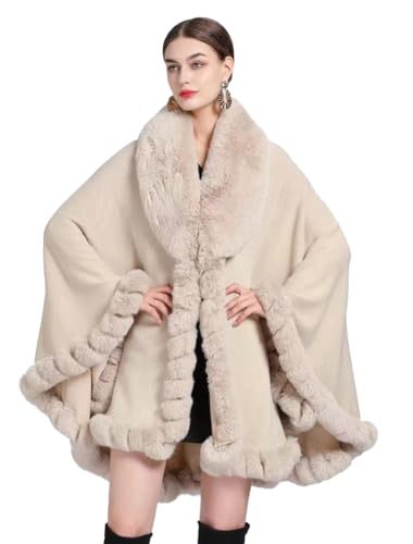 Women Poncho Cape Faux Fur Collar Knitted Cardigan Sweater Batwing Long Sleeve Shawl Wrap Coat Oversized Cloak