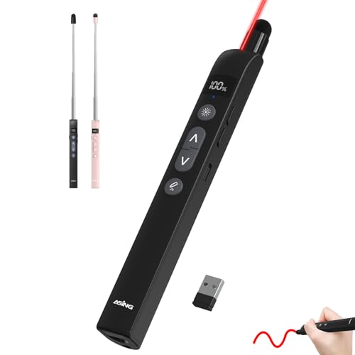 ASING Wireless Presentation Remote Clicker with Touch Screen Stylus Pen and Telescopic Pointer Stick,Rechargeable Professional Presenter with Digital Display,Slide Advancer for Mac,Laptop