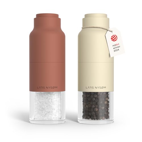 Image of LARS NYSOM Salt and Pepper Grinder Set, Stainless Steel Manual Salt and Pepper Mills, Adjustable Ceramic Grinder, Design Spice Shakers (Red /Beige)