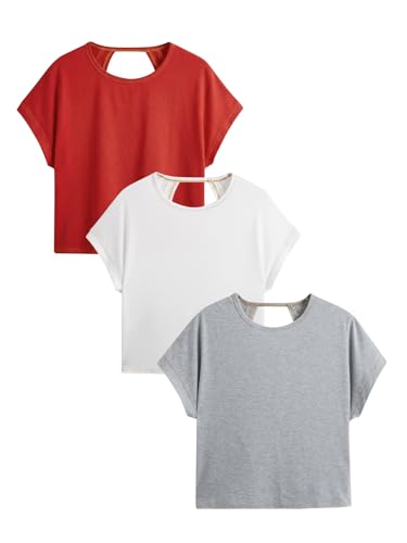 Image of RoseSeek Women's 3 Packs Open Back Tops T Shirt Criss Cross Cut Out Tee Short Sleeve Crewneck Summer Backless Tops