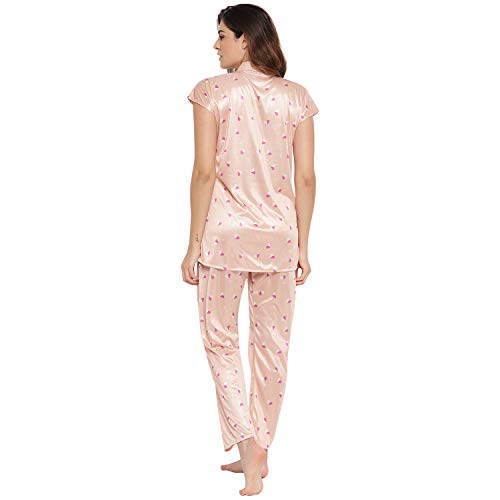 Image of Printed Night Suit for Women - Printed Satin Shirt and Pyjama Set (Front Open Collar Night Suit)