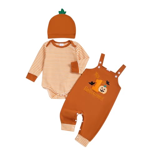DNOMAID YZARC Newborn Baby Boy 1st Halloween Outfit Stripe Long Sleeve Romper Pumpkin Overall Pants Hat Set 3Pcs Fall Clothes (Khaki 3-6 Months)
