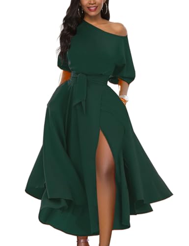 LILYIN Women’s Elegant Off Shoulder Short Sleeve Belted Side Slit Cocktail Party Swing Dress with Pockets (M, Dark Green)