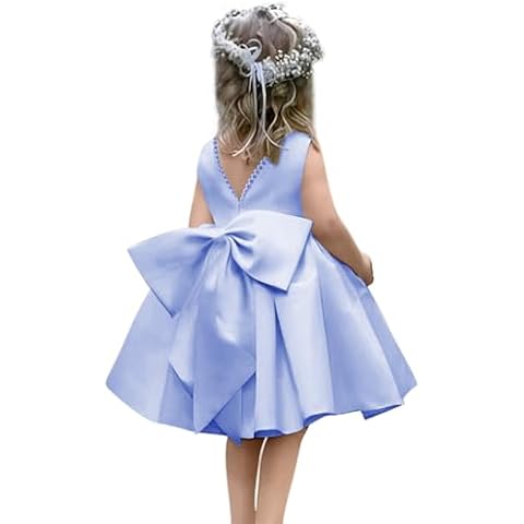 MCieloLuna Sleeveless Elegant First Communion Dress Silky Satin Flower Girl Dresses for Wedding Lavender Puffy A-Line Swing Pageant Party Midi Dress Kids Birthday Gown with Bow Lavender Size 6 Cover