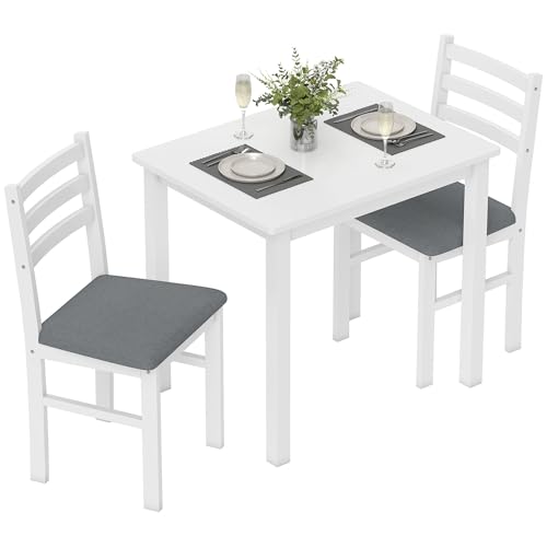HOMCOM Essgruppe Holz 80 x 60 cm Esstisch mit 2 Stühlen Platzsparend Esszimmergruppe Sitzgruppe Rechteckig Küchentisch mit gepolsterten Essstühlen für kleine Raum, Esszimmer, Küche, Weiß