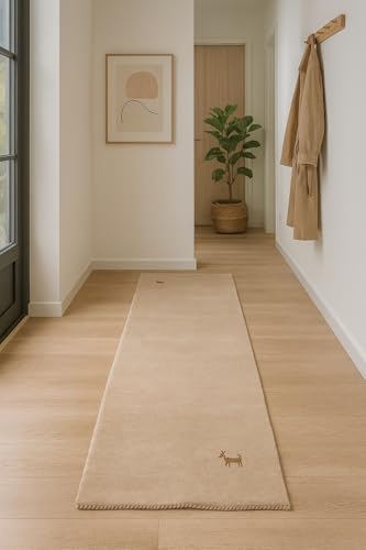 Gabbeh Alfombra de pasillo de 80 x 300 cm, tejida a mano de 100 % lana virgen, alfombra oriental beis, moderna alfombra de lana para salón, dormitorio y pasillo, adecuada para calefacción por suelo