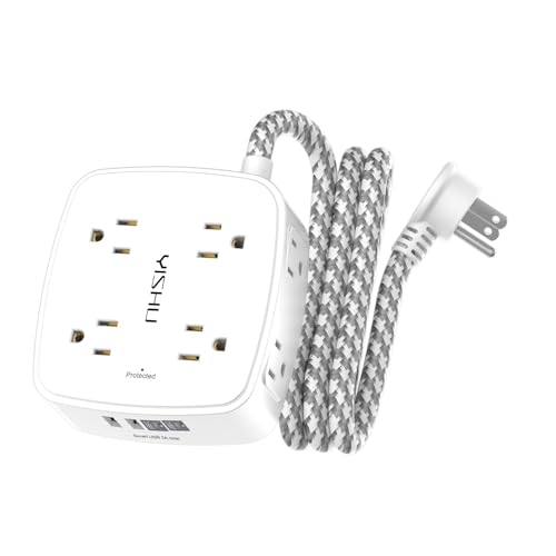 Image of Surge Protector Power Strip - YISHU 8 Outlets with 4 USB (2 USB C) Charging Ports, 5Ft Braided Extension Cord, Flat Plug Multi Plug Outlet Extender Charging Station for Home Office, ETL, White
