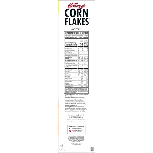Image of Kellogg's Corn Flakes, Breakfast Cereal, Original, Fat-Free, 18 oz Box | 8 Vitamins and Minerals, Family Breakfast