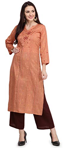 Image of EthnicJunction Women's Cotton Blend Thread Embroidered Straight Kurti