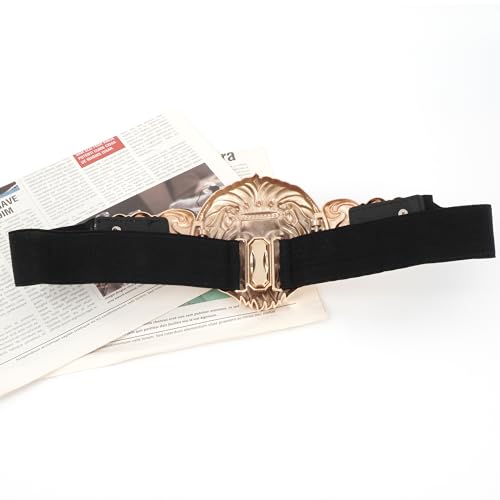 Women Long Golden Lion Head Wide Elastic Fabric Band PU Leather Waist Belt4