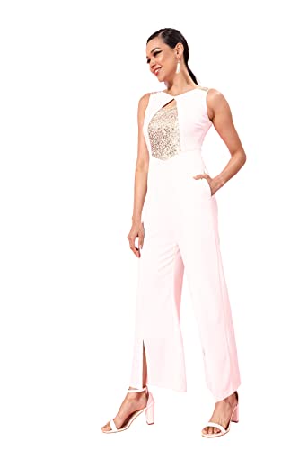 Image of Miss Chase Women's Off-White Solid Regular Length V-Neck Sleeveless Wide Leg Embellished Jumpsuit