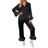 Tthxqing Silk Pajamas for Women Pink Stain Long Sleeve Button Down Pajamas Set 2 Piece Lapel Tops Sleepwear Fashion Nightwear